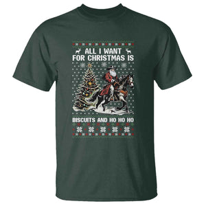 Funny Western Christmas Cowboy Santa T Shirt All I Want for Christmas Is Biscuits and Ho Ho Ho TS02 Dark Forest Green Print Your Wear