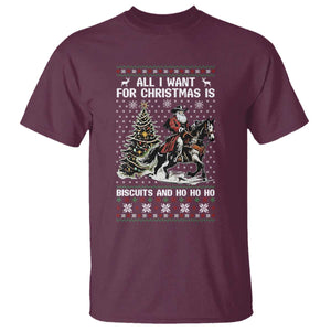 Funny Western Christmas Cowboy Santa T Shirt All I Want for Christmas Is Biscuits and Ho Ho Ho TS02 Maroon Print Your Wear