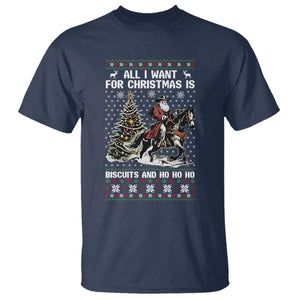 Funny Western Christmas Cowboy Santa T Shirt All I Want for Christmas Is Biscuits and Ho Ho Ho TS02 Navy Print Your Wear