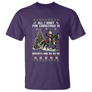 Funny Western Christmas Cowboy Santa T Shirt All I Want for Christmas Is Biscuits and Ho Ho Ho TS02 Purple Print Your Wear