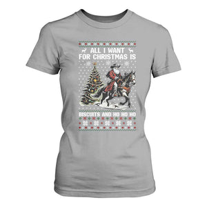 Funny Western Christmas Cowboy Santa T Shirt For Women All I Want for Christmas Is Biscuits and Ho Ho Ho TS02 Sport Gray Print Your Wear