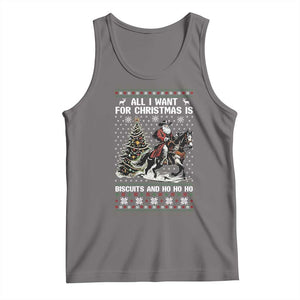 Funny Western Christmas Cowboy Santa Tank Top All I Want for Christmas Is Biscuits and Ho Ho Ho TS02 Deep Heather Print Your Wear
