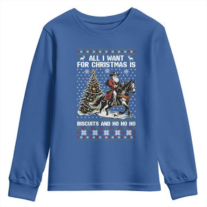 Funny Western Christmas Cowboy Santa Youth Sweatshirt All I Want for Christmas Is Biscuits and Ho Ho Ho TS02 Royal Blue Print Your Wear