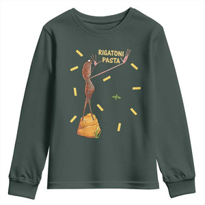 Funny Rigatoni Pasta Marcus The Worm Youth Sweatshirt Dramatic Pasta Lover Foodie Meme TS02 Dark Forest Green Print Your Wear