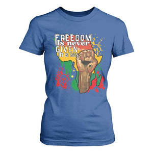 Black History Month T Shirt For Women Freedom Is Never Given It Is Won Equal Rights Raised Fist TS02 Royal Blue Print Your Wear