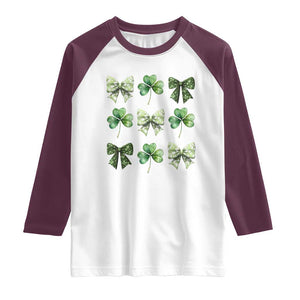 St Patricks Day Coquette Bow Raglan Shirt Lucky Shamrock Aesthetic TS02 White Maroon Print Your Wear