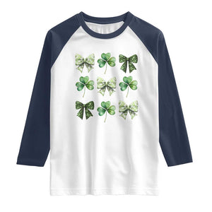 St Patricks Day Coquette Bow Raglan Shirt Lucky Shamrock Aesthetic TS02 White Navy Print Your Wear