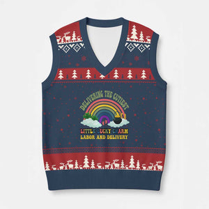 Funny Labor and Delivery St Patricks Day V-Neck Knit Sweater Vest Delivering The Cutiest Little Lucky Charm TS02 Navy Red Print Your Wear