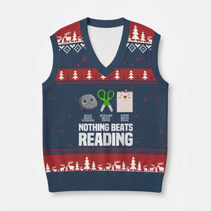 Nothing Beats Reading V-Neck Knit Sweater Vest Rock Paper Scissors Read Book Lovers TS02 Navy Red Print Your Wear