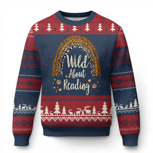 Wild About Reading Ugly Christmas Sweater Teacher Student Back to School Retro Rainbow TS02 Navy Red Print Your Wear