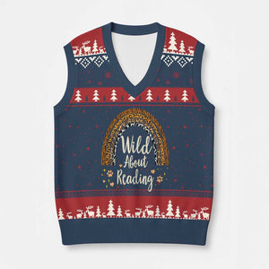 Wild About Reading V-Neck Knit Sweater Vest Teacher Student Back to School Retro Rainbow TS02 Navy Red Print Your Wear