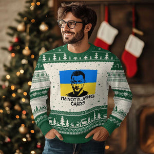 Im Not Playing Cards Ugly Christmas Sweater Zelensky Trump Ukraine Flag TS02 Beige Green Print Your Wear