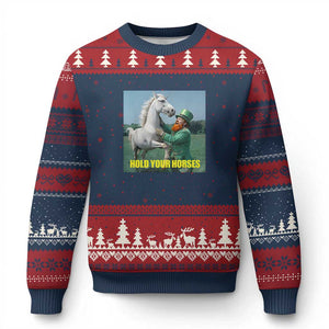 Funny Leprechaun Hold Your Horse Ugly Christmas Sweater Unicorn St Patrick's Day TS02 Navy Red Print Your Wear