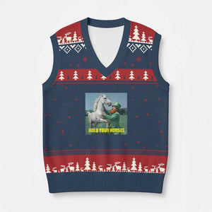 Funny Leprechaun Hold Your Horse V-Neck Knit Sweater Vest Unicorn St Patrick's Day TS02 Navy Red Print Your Wear