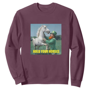 Funny Leprechaun Hold Your Horse Sweatshirt Unicorn St Patrick's Day TS02 Maroon Print Your Wear