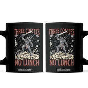 Funny Coffee Lover Fantasy Knight Graphic Coffee Mug Three Coffees No Lunch Work Humor Dark Fantasy Parody
