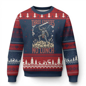 Funny Coffee Lover Fantasy Knight Graphic Ugly Christmas Sweater Three Coffees No Lunch Work Humor Dark Fantasy Parody