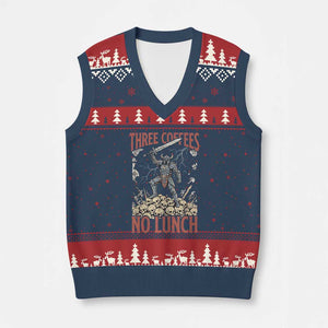 Funny Coffee Lover Fantasy Knight Graphic V-Neck Knit Sweater Vest Three Coffees No Lunch Work Humor Dark Fantasy Parody