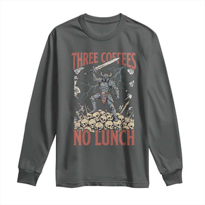 Funny Coffee Lover Fantasy Knight Graphic Long Sleeve Shirt Three Coffees No Lunch Work Humor Dark Fantasy Parody