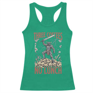 Funny Coffee Lover Fantasy Knight Graphic Racerback Tank Top Three Coffees No Lunch Work Humor Dark Fantasy Parody