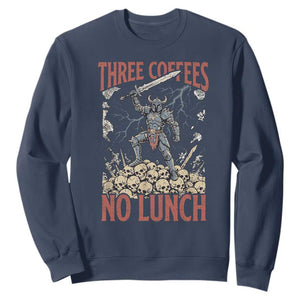 Funny Coffee Lover Fantasy Knight Graphic Sweatshirt Three Coffees No Lunch Work Humor Dark Fantasy Parody