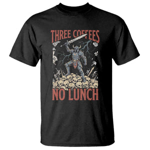 Funny Coffee Lover Fantasy Knight Graphic T Shirt Three Coffees No Lunch Work Humor Dark Fantasy Parody