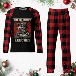 Funny Plague Doctor History Humor Plaid Pajama Set But Did You Try Leeches Retro Woodcut Graphic