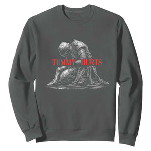 Funny Tummy Hurts Knight Graphic Sweatshirt Warrior Medieval Sarcastic Dark Fantasy Slumped Renaissance Meme