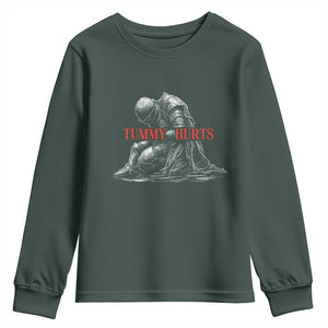 Funny Tummy Hurts Knight Graphic Youth Sweatshirt Warrior Medieval Sarcastic Dark Fantasy Slumped Renaissance Meme