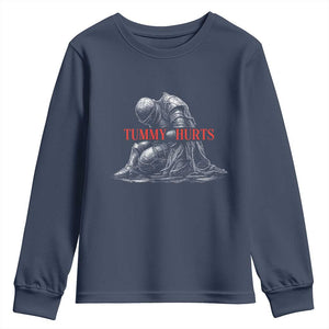 Funny Tummy Hurts Knight Graphic Youth Sweatshirt Warrior Medieval Sarcastic Dark Fantasy Slumped Renaissance Meme