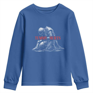 Funny Tummy Hurts Knight Graphic Youth Sweatshirt Warrior Medieval Sarcastic Dark Fantasy Slumped Renaissance Meme