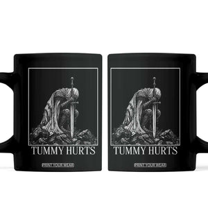 Dramatic Tummy Hurts Kneeling Knight Graphic Coffee Mug Funny Medieval Sarcastic Renaissance Fantasy Meme