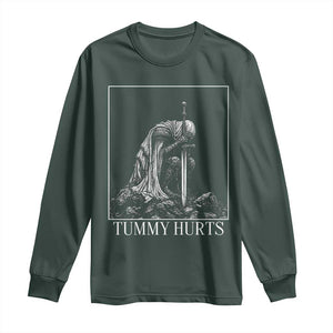 Dramatic Tummy Hurts Kneeling Knight Graphic Long Sleeve Shirt Funny Medieval Sarcastic Renaissance Fantasy Meme