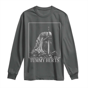 Dramatic Tummy Hurts Kneeling Knight Graphic Long Sleeve Shirt Funny Medieval Sarcastic Renaissance Fantasy Meme