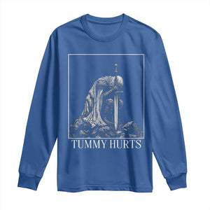 Dramatic Tummy Hurts Kneeling Knight Graphic Long Sleeve Shirt Funny Medieval Sarcastic Renaissance Fantasy Meme