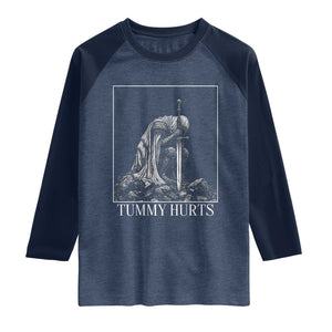 Dramatic Tummy Hurts Kneeling Knight Graphic Raglan Shirt Funny Medieval Sarcastic Renaissance Fantasy Meme
