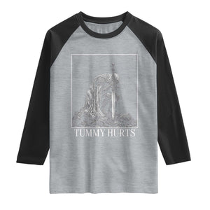 Dramatic Tummy Hurts Kneeling Knight Graphic Raglan Shirt Funny Medieval Sarcastic Renaissance Fantasy Meme