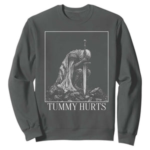 Dramatic Tummy Hurts Kneeling Knight Graphic Sweatshirt Funny Medieval Sarcastic Renaissance Fantasy Meme