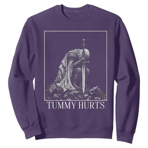 Dramatic Tummy Hurts Kneeling Knight Graphic Sweatshirt Funny Medieval Sarcastic Renaissance Fantasy Meme