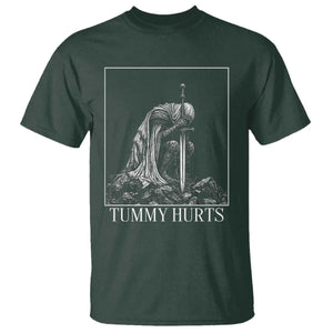 Dramatic Tummy Hurts Kneeling Knight Graphic T Shirt Funny Medieval Sarcastic Renaissance Fantasy Meme
