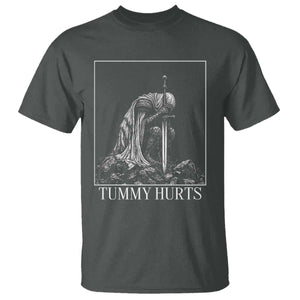 Dramatic Tummy Hurts Kneeling Knight Graphic T Shirt Funny Medieval Sarcastic Renaissance Fantasy Meme