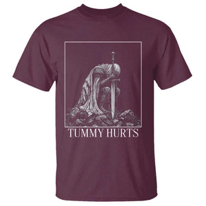 Dramatic Tummy Hurts Kneeling Knight Graphic T Shirt Funny Medieval Sarcastic Renaissance Fantasy Meme