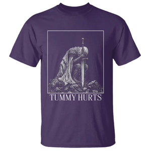 Dramatic Tummy Hurts Kneeling Knight Graphic T Shirt Funny Medieval Sarcastic Renaissance Fantasy Meme