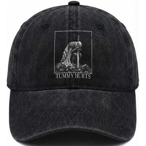 Dramatic Tummy Hurts Kneeling Knight Graphic Washed Cotton Baseball Cap Funny Medieval Sarcastic Renaissance Fantasy Meme