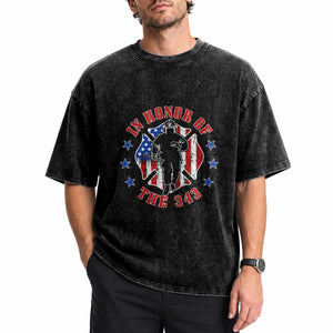 Firefighter Memorial In Honor Of The 343 Maltese Cross Graphic Washed Cotton T-Shirt Patriotic 9 11 Memorial Tribute