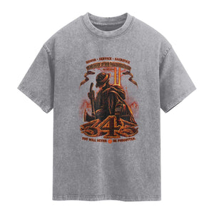 Firefighter Memorial Honor Service Sacrifice 343 Washed Cotton T-Shirt In Memory Of Fallen Brothers Patriotic 9 11 Tribute