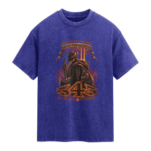 Firefighter Memorial Honor Service Sacrifice 343 Washed Cotton T-Shirt In Memory Of Fallen Brothers Patriotic 9 11 Tribute