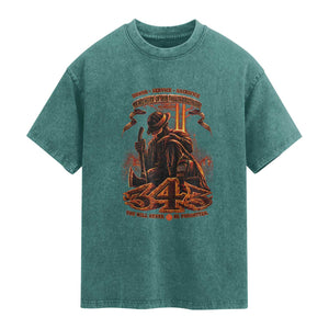 Firefighter Memorial Honor Service Sacrifice 343 Washed Cotton T-Shirt In Memory Of Fallen Brothers Patriotic 9 11 Tribute