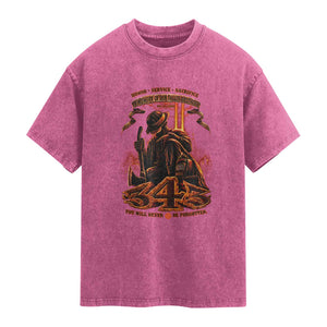 Firefighter Memorial Honor Service Sacrifice 343 Washed Cotton T-Shirt In Memory Of Fallen Brothers Patriotic 9 11 Tribute