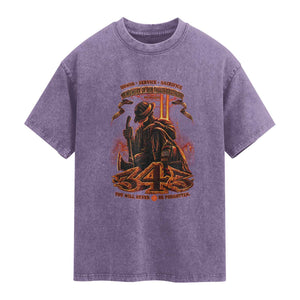 Firefighter Memorial Honor Service Sacrifice 343 Washed Cotton T-Shirt In Memory Of Fallen Brothers Patriotic 9 11 Tribute
